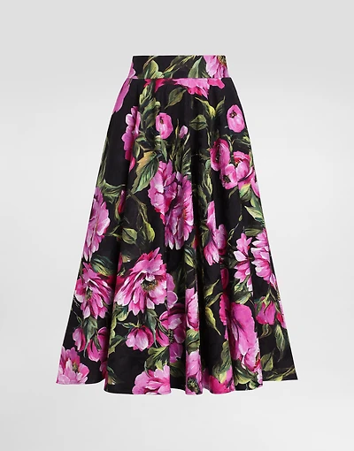 Cotton calf-length circle skirt with peony print
