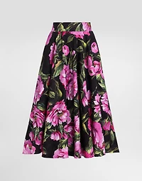 Cotton calf-length circle skirt with peony print