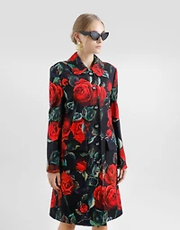 Single-breasted rose-print cotton jacquard coat