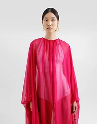 Long silk chiffon caftan with drawstring
