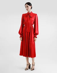 Silk satin shirt dress with pussy-bow