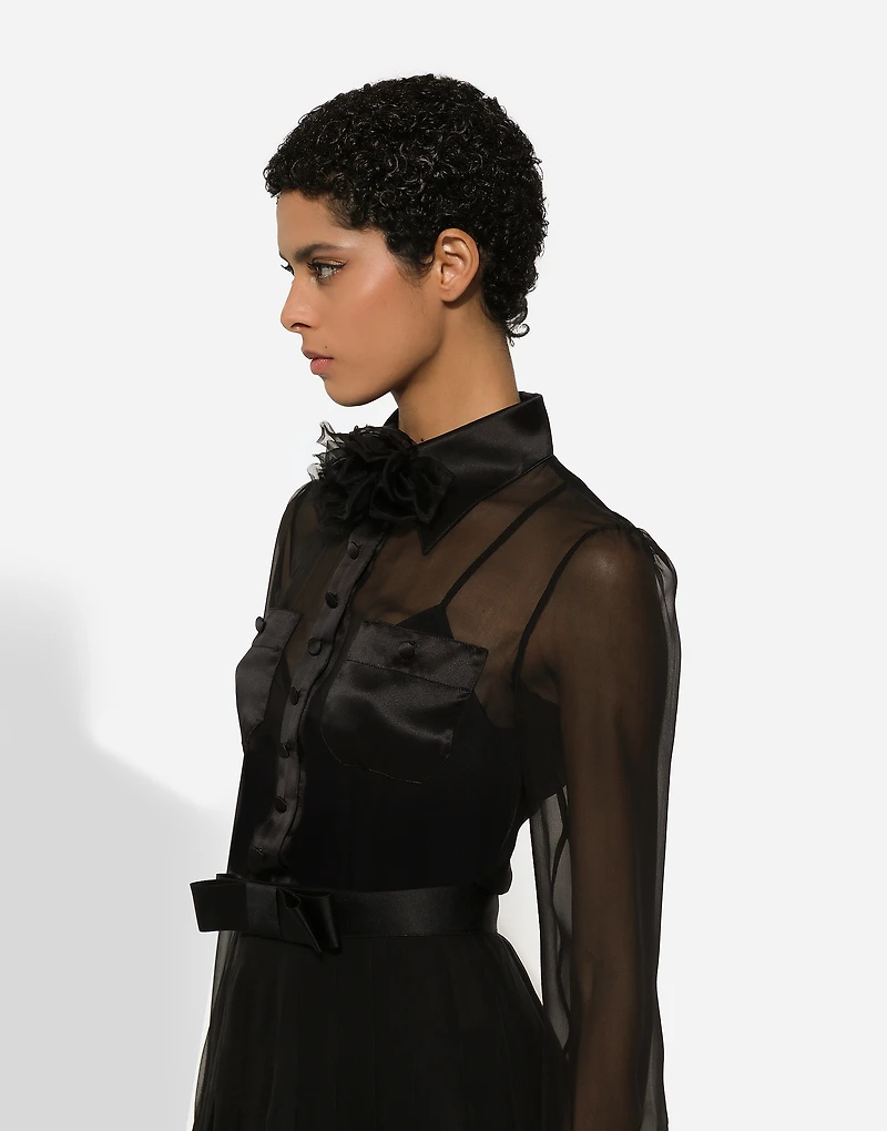 Chiffon calf-length shirt dress with satin details