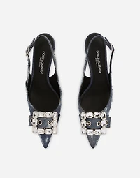 Patchwork denim slingbacks with rhinestone buckle