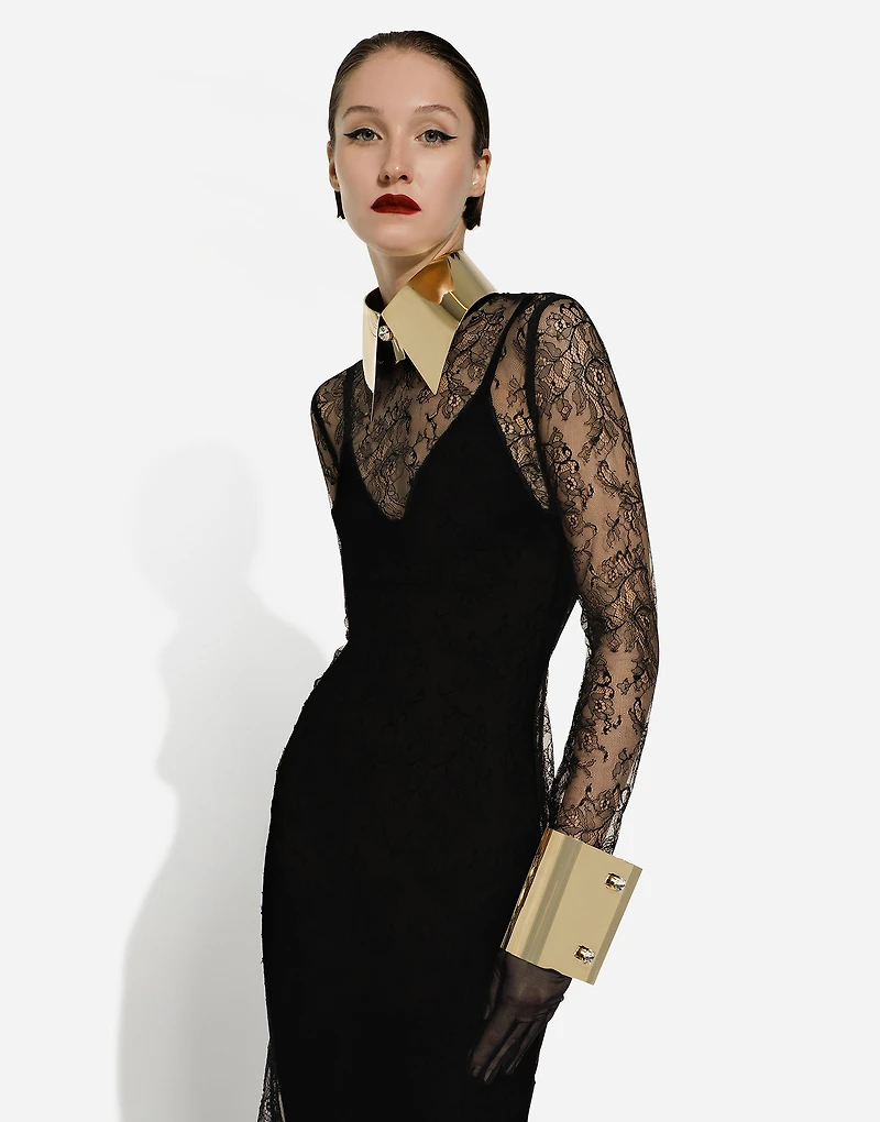 Chantilly lace fil coupé calf-length dress