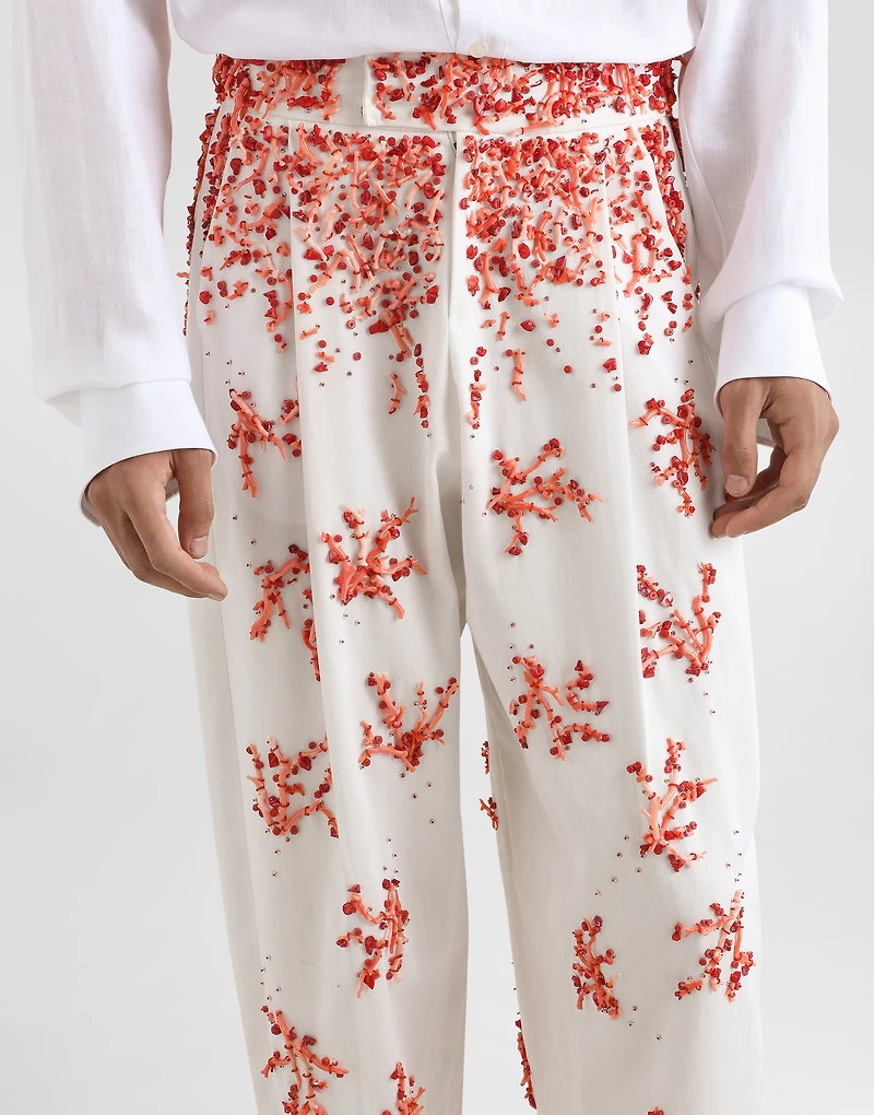 Cotton twill pants with coral embroidery