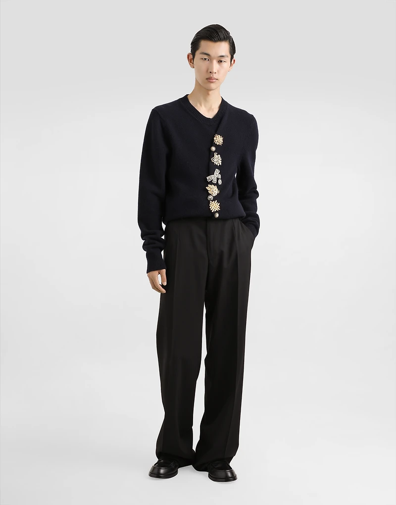 Wool round-neck sweater with bejeweled buttons