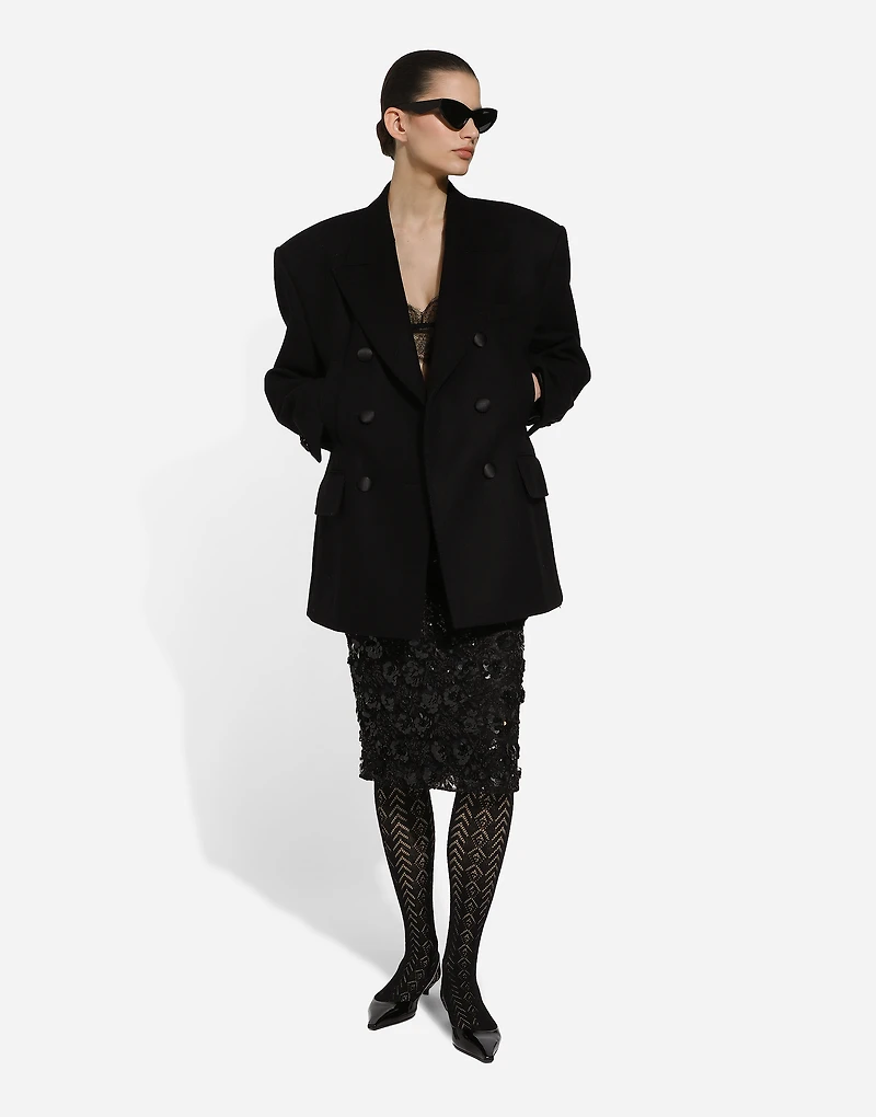 Lace calf-length skirt with all-over sequins