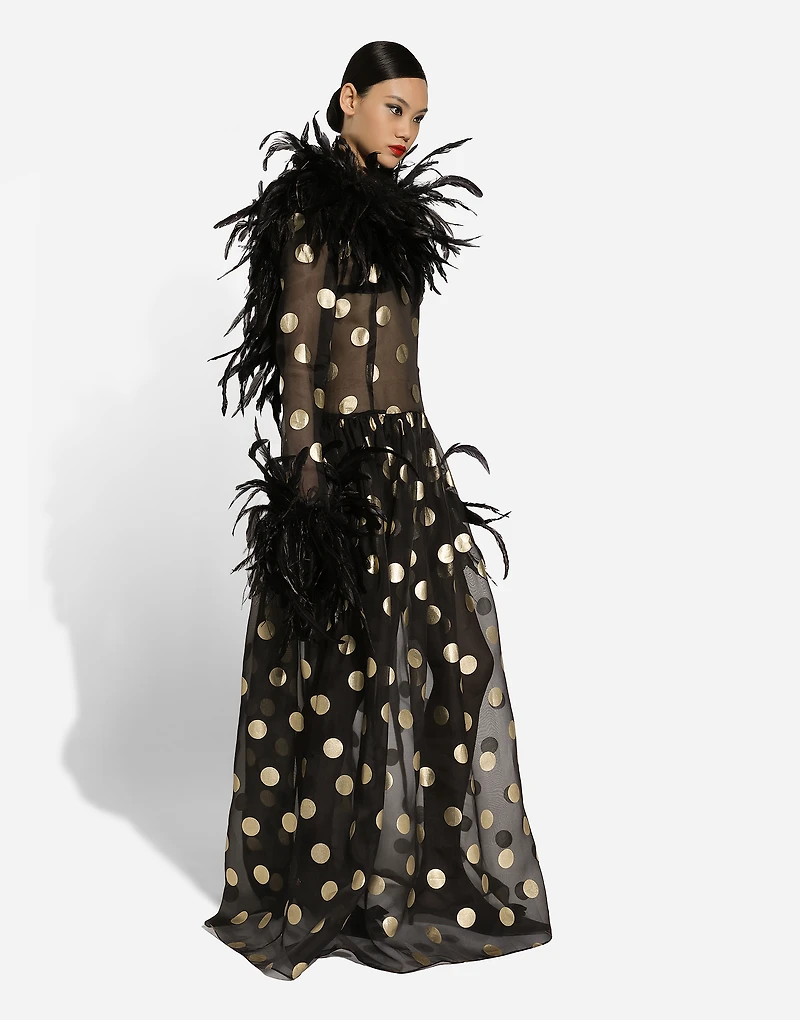 Long polka-dot silk organza dress with feathered details