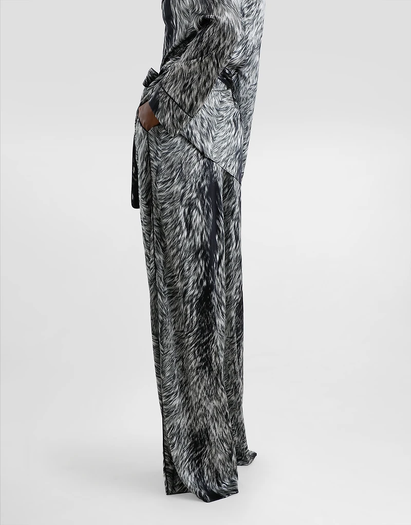 Silk satin pajama pants with fur print