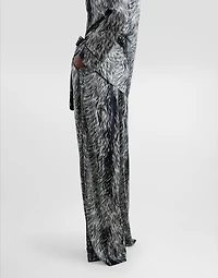 Silk satin pajama pants with fur print