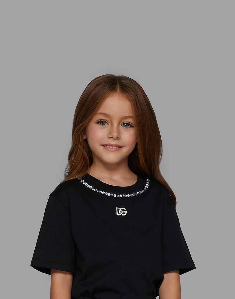 Short-sleeved jersey T-shirt with rhinestones