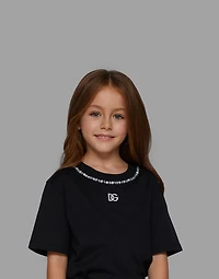 Short-sleeved jersey T-shirt with rhinestones
