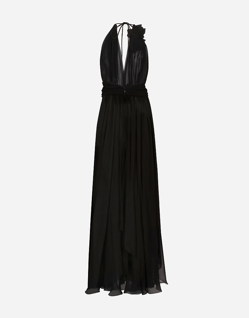 Long silk chiffon dress with floral appliqué