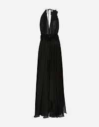Long silk chiffon dress with floral appliqué