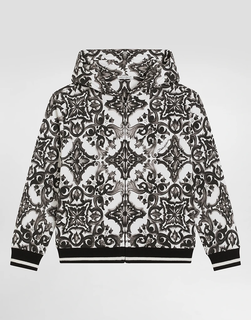 majolica-print hooded sweatshirt with zip