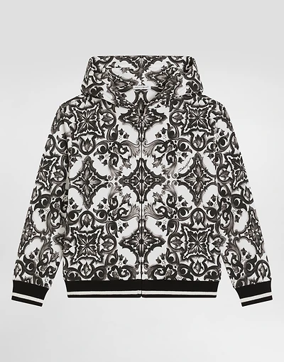 majolica-print hooded sweatshirt with zip