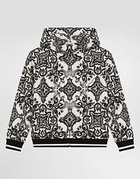 majolica-print hooded sweatshirt with zip