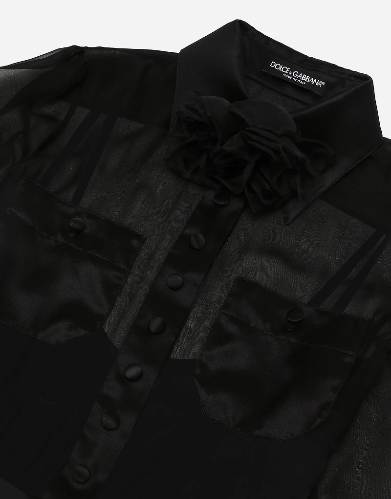 Chiffon calf-length shirt dress with satin details