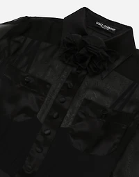Chiffon calf-length shirt dress with satin details