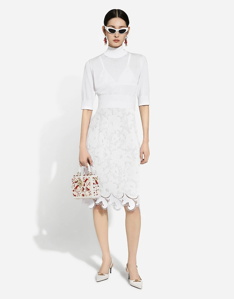 Cotton midi skirt with floral openwork detailing
