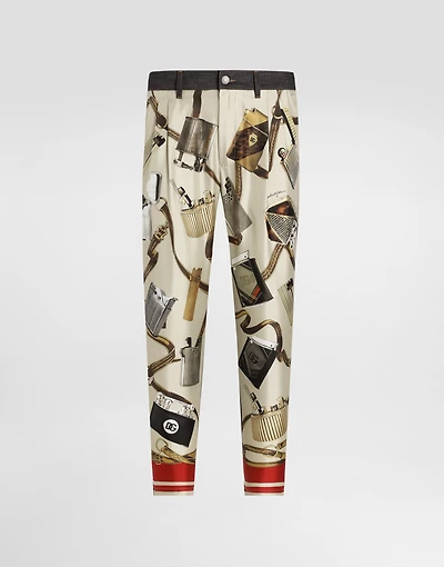 Loose blue denim and silk jeans with lighter print