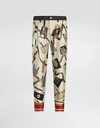 Loose blue denim and silk jeans with lighter print