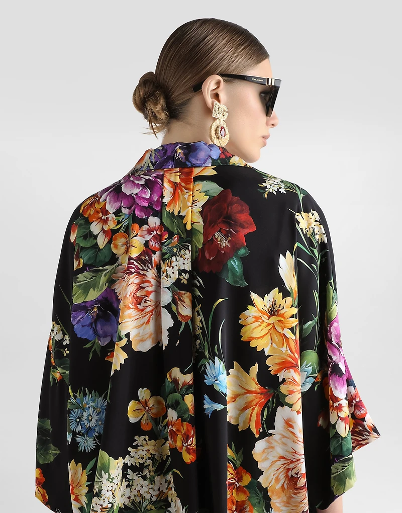 Flower bouquet-print charmeuse shirt