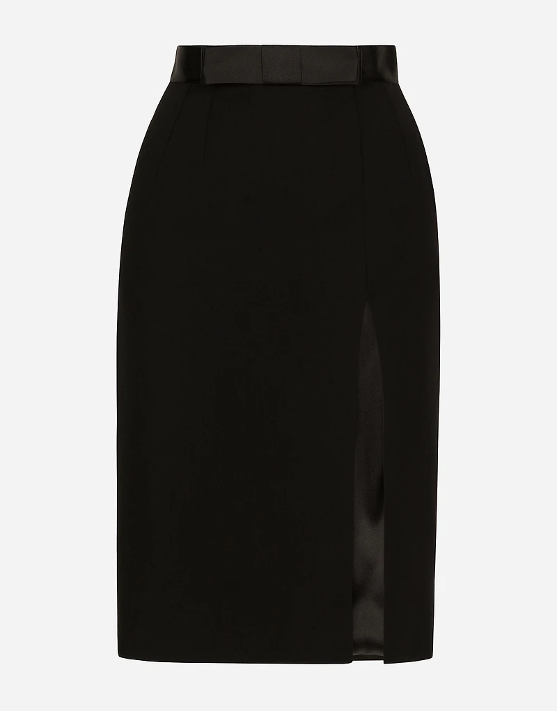 Wool midi pencil skirt with satin waistband