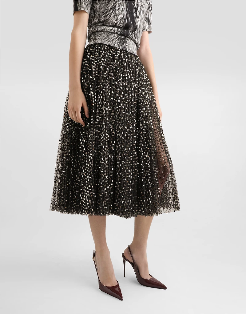 Tulle midi circle skirt with micro-sequin embroidery