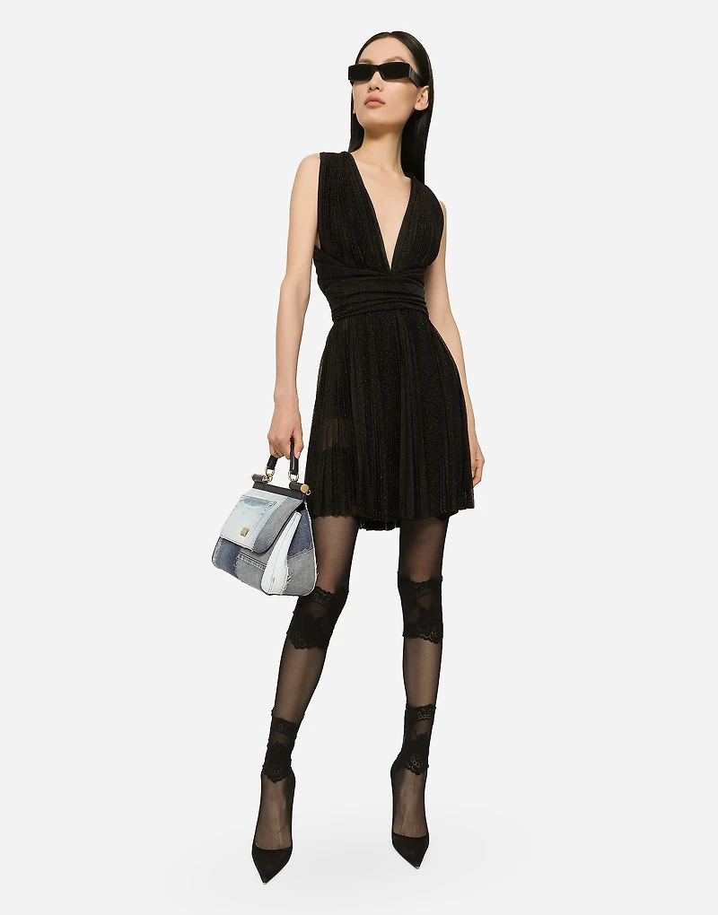 Short pleated lurex mesh dress
