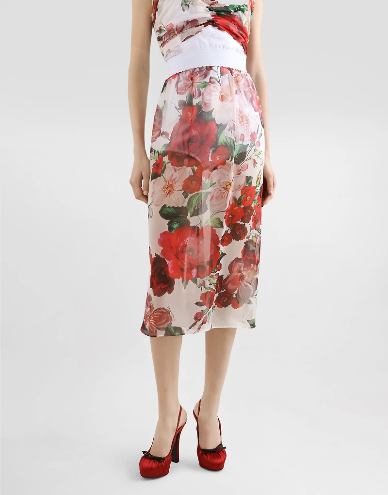 Rose-print chiffon calf-length skirt