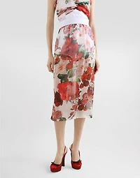 Rose-print chiffon calf-length skirt
