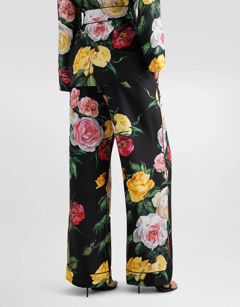Silk habotai pajama pants with peony and rose print