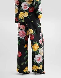 Silk habotai pajama pants with peony and rose print