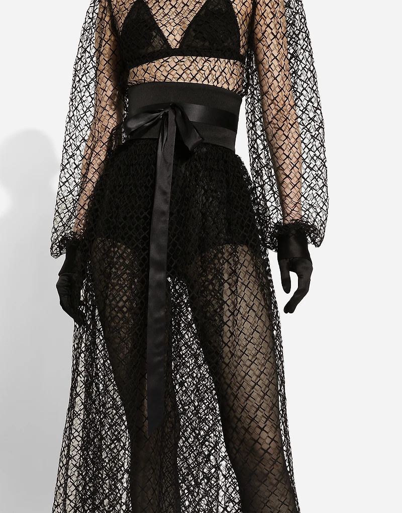 Calf-length mesh dress with wool crepe belt