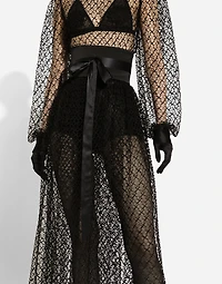 Calf-length mesh dress with wool crepe belt