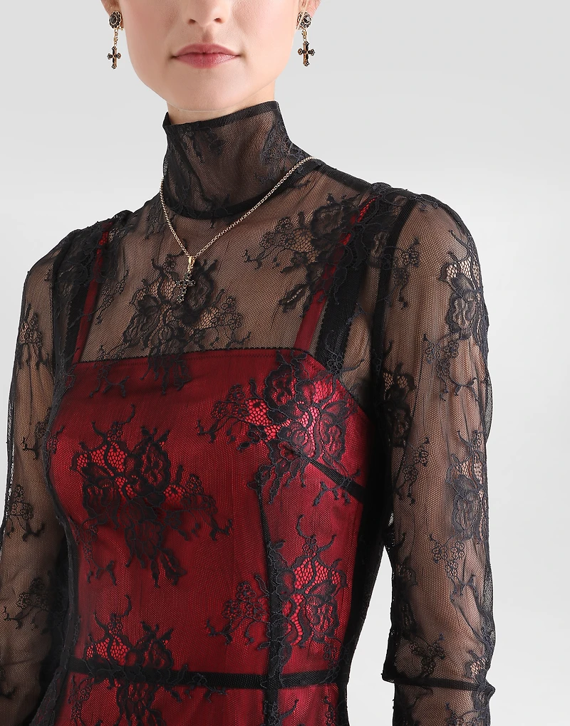 Lace calf-length dress with high neck and contrasting lining