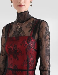Lace calf-length dress with high neck and contrasting lining
