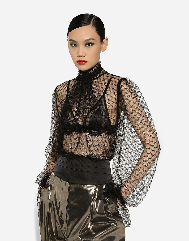 Mesh pussy-bow blouse