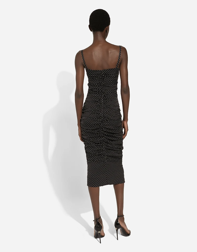 Charmeuse sheath dress with micro polka-dot print: