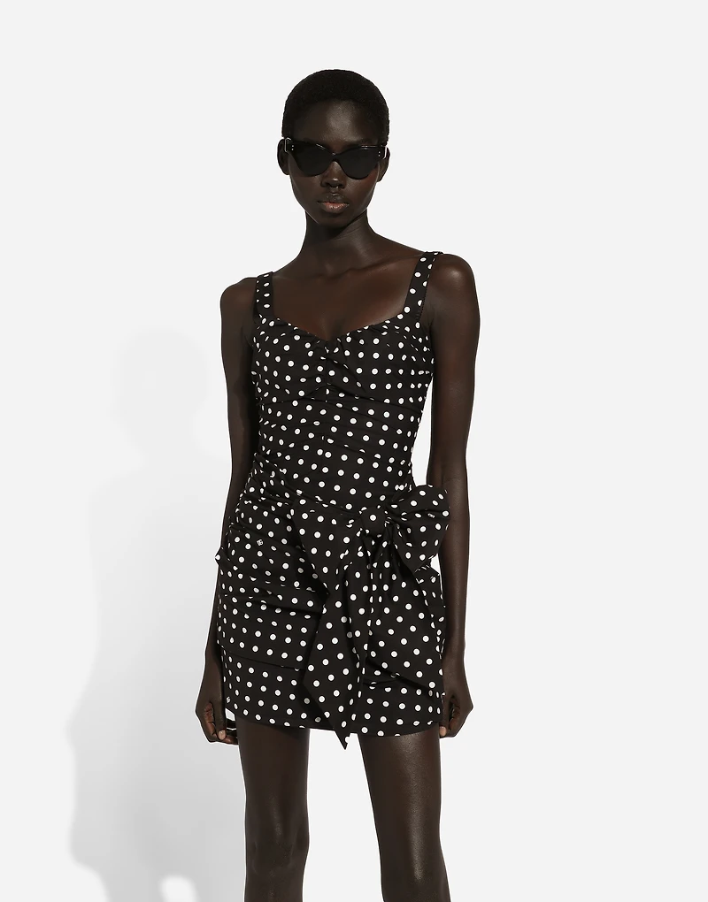 Cotton minidress with polka-dot print and bow detail