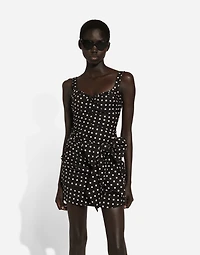 Cotton minidress with polka-dot print and bow detail
