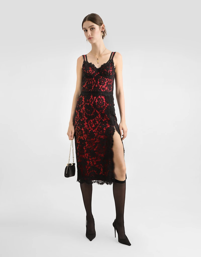 Calf-length floral lace slip dress with contrasting lining