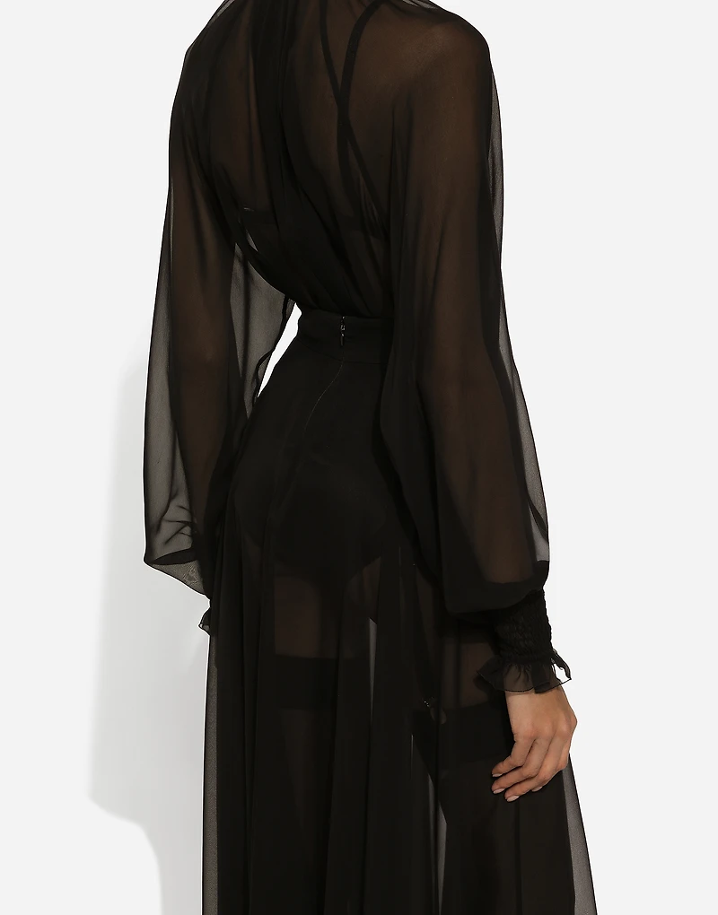 Chiffon blouse with smock-stitch detailing