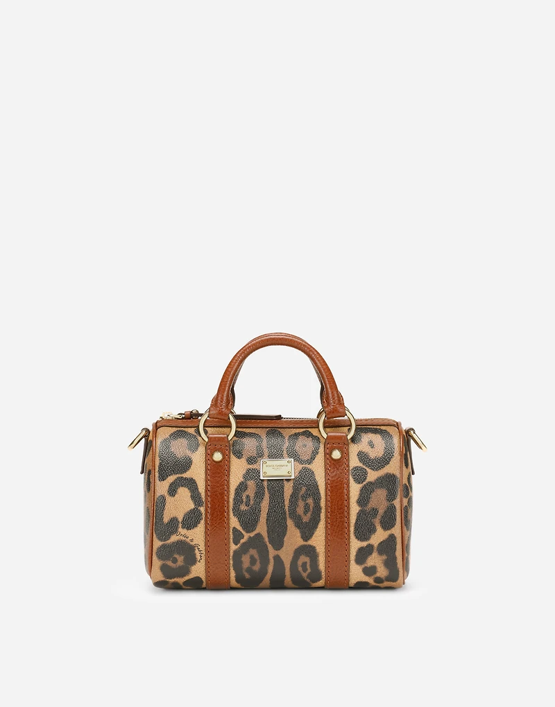 Small box satchel in leopard-print Crespo with branded plate