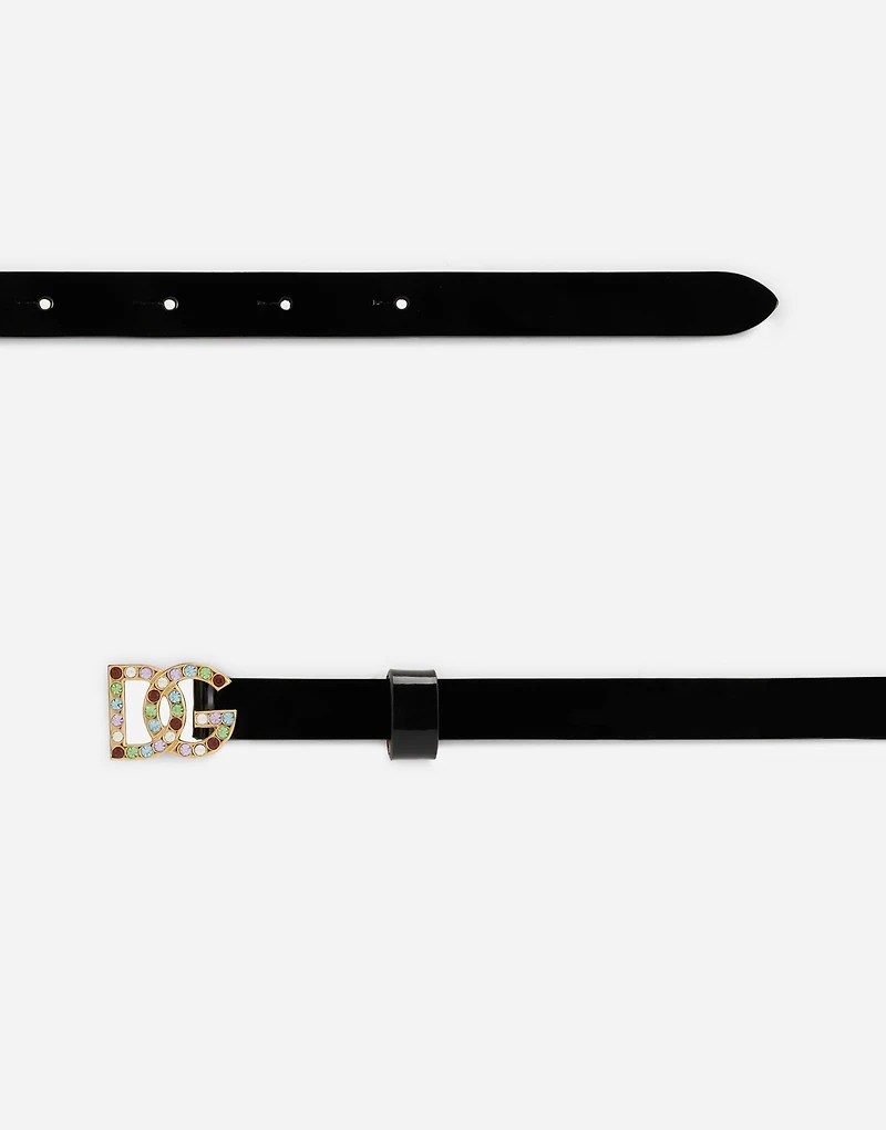 Patent leather belt with multi-colored crystals