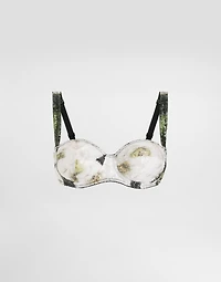 Sequin-embroidered satin balconette bra with gardenia print