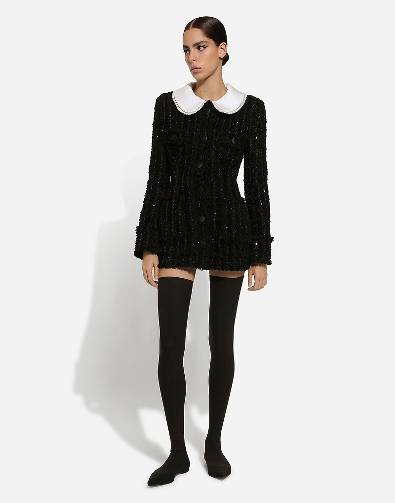 Tweed jacket with micro-sequin embellishment and satin collar