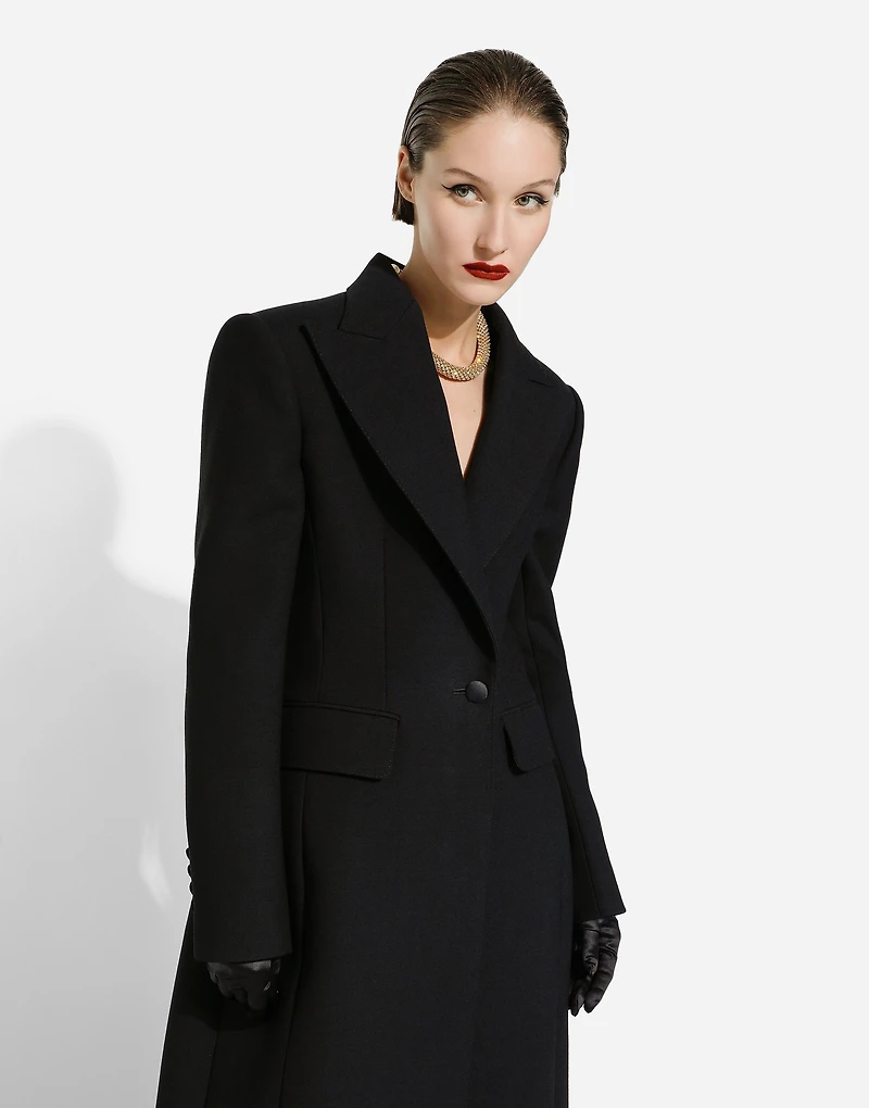 Long single-breasted wool cady coat