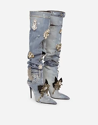 Patchwork denim boots with embroidery